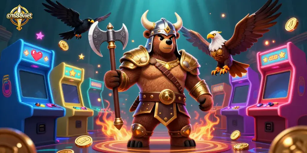 Experience high-energy gameplay at cm88viet with vibrant casino-themed characters like a Viking bear and Valkyrie eagle.