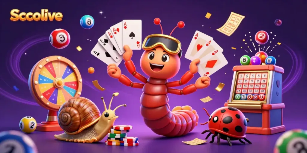 Socolive’s vibrant casino scene with a cartoon millipede dealer showcasing colorful gaming elements