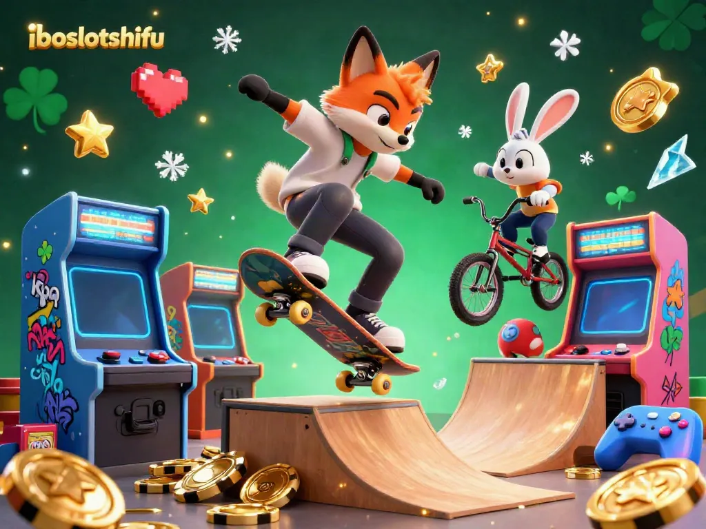 Experience winning thrills at iboslotshifu with a vibrant scene of a fox and rabbit gaming amongst casino symbols.