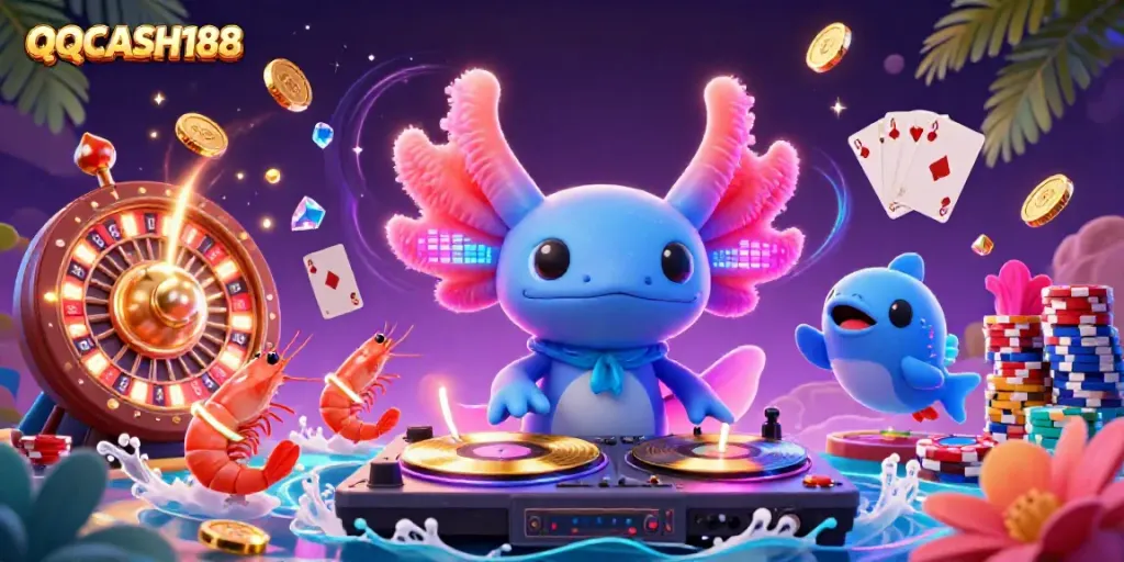 Join the excitement at QQCASH188 with vibrant underwater scenes featuring festive characters and dazzling casino elements.