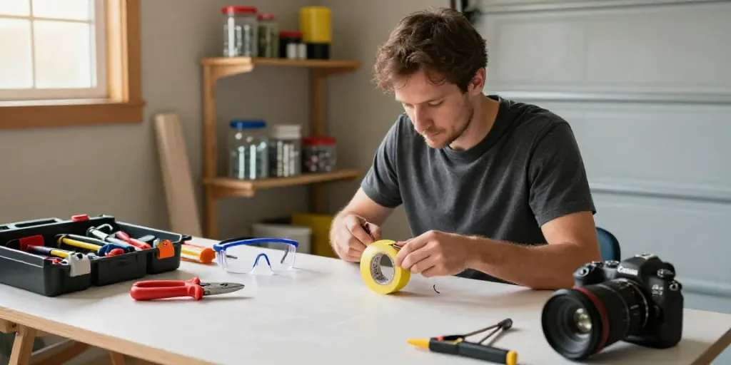 Applying Super33 Daftar electrical tape to wires during a DIY home project in a bright garage.