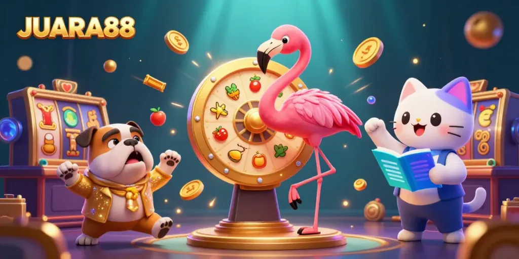 Experience excitement with JUARA88's vibrant slot game energy, featuring a flamingo host and dynamic prizes.