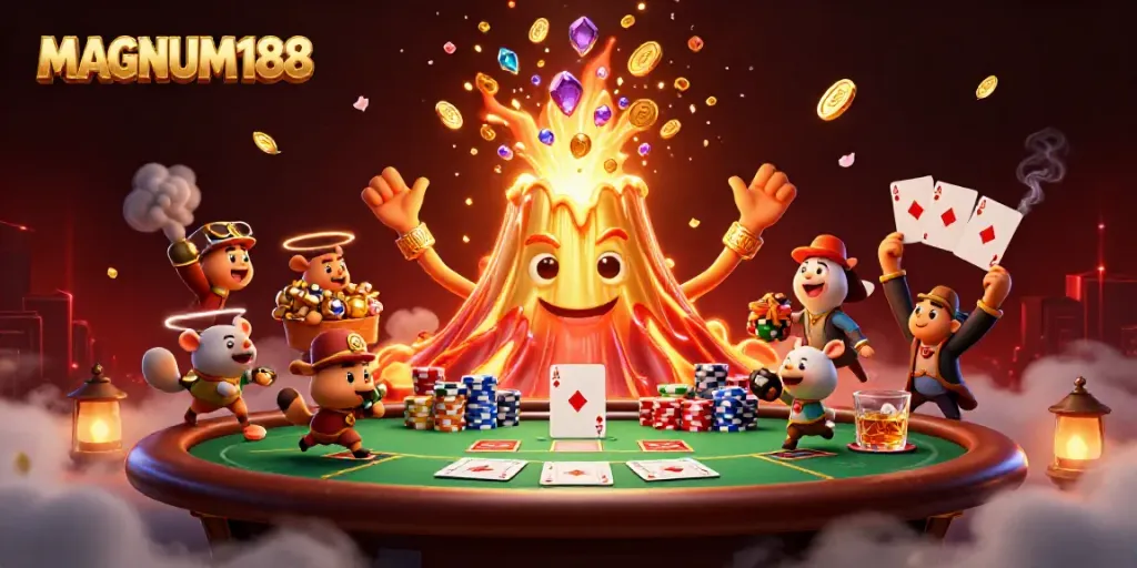Experience the thrill of MAGNUM188 with a captivating scene of winnings and adventure in a vibrant 3D illustration.