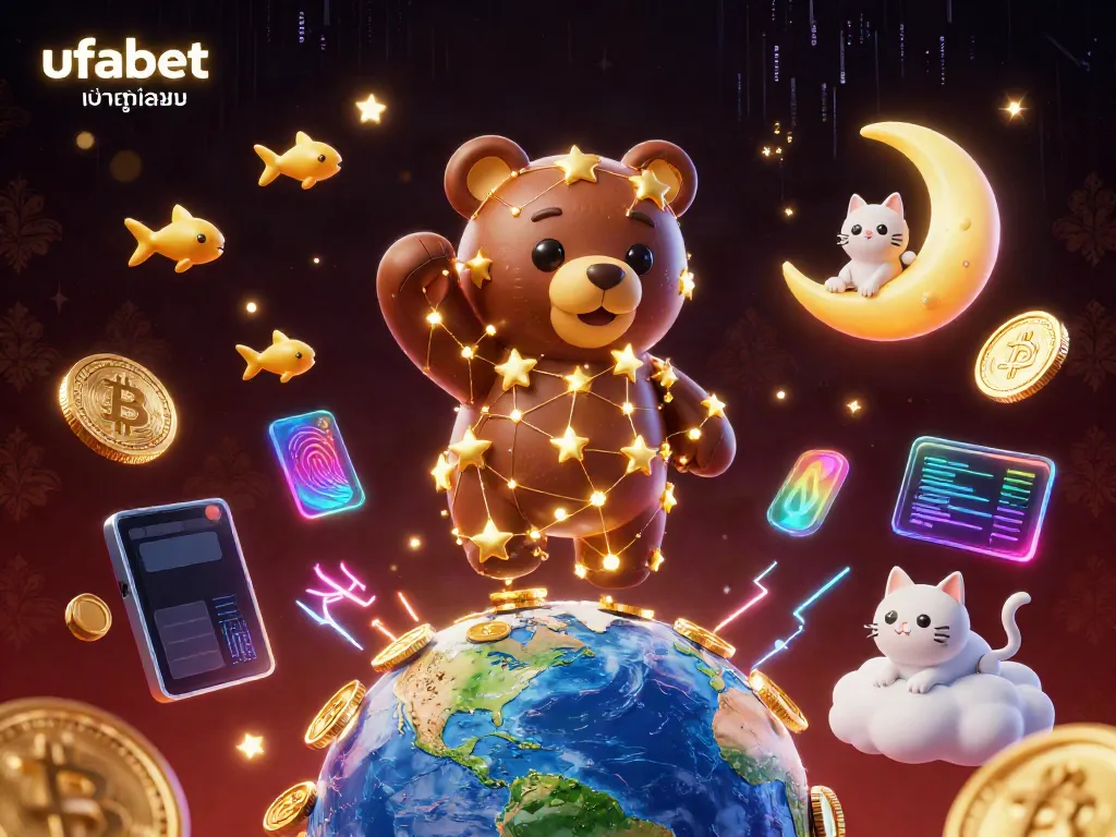 Engage in ufabet เข้าสู่ระบบ while enjoying a vibrant cosmic casino scene filled with animated characters and crypto-themed elements.
