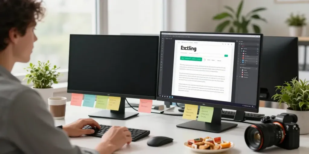 Content creator updating a blog post in a vibrant workspace, with dual monitors displaying analytics and notes.