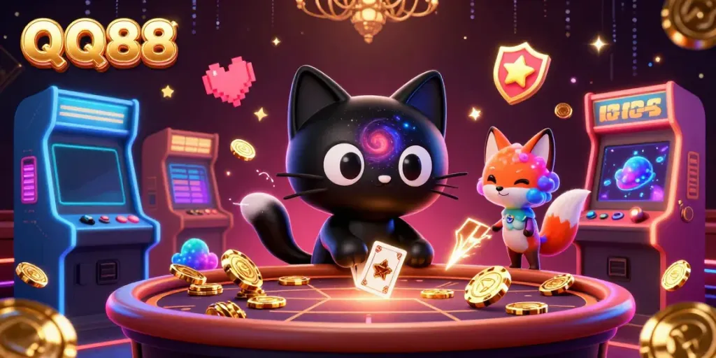 Experience the excitement of QQ88 with a cosmic casino scene featuring a black hole cat and nebula fox.