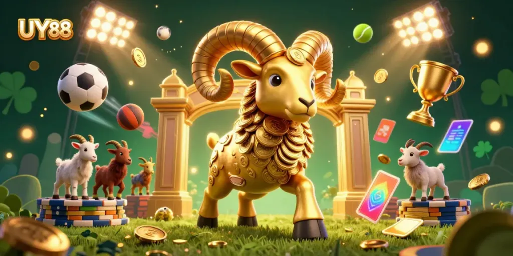 Experience thrilling gaming at UY88 with a dynamic golden ram charging through a vibrant casino scene.