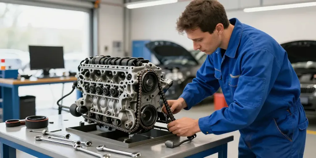 BMW steuerkette hannover mechanic inspecting engine chain in a professional garage.