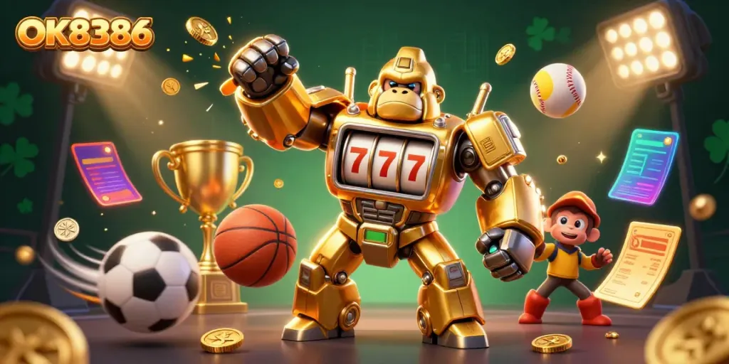 Engage with OK8386's unique gaming world in this dynamic scene, showcasing a golden gorilla mech and vibrant sports elements.
