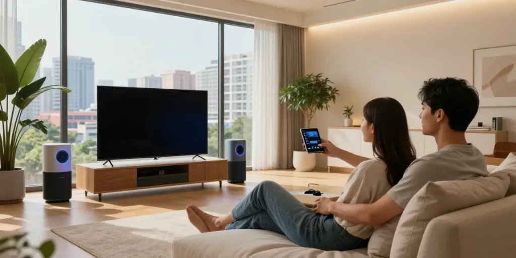 Smart home living room showcasing خانه هوشمند جهان اسمارت technology with a couple enjoying automated comfort.