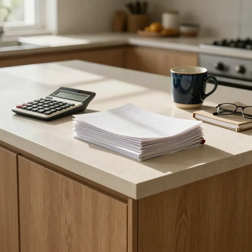 Warm kitchen island with salary sheets, calculator, mug, notebook and glasses in morning light.