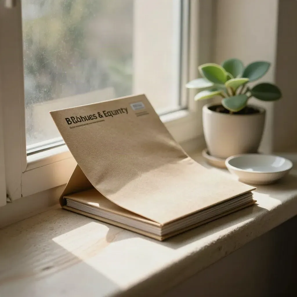 Apartment windowsill with folder, packet, small plant, pale dish in warm afternoon light.