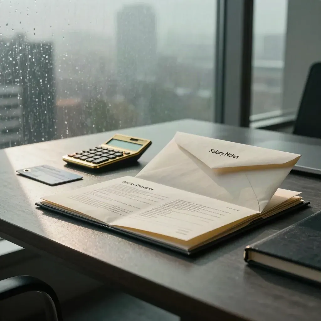 Rain-lit salary offer envelope, calculator, benefits booklet and notebook by a misty office window.