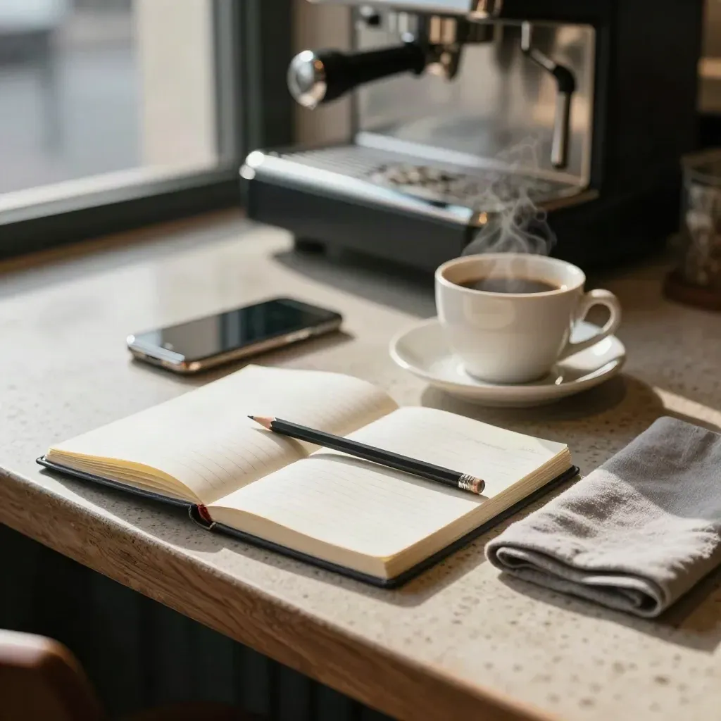 Half-open salary notebook beside espresso steam, cup, napkin, and phone in a café corner
