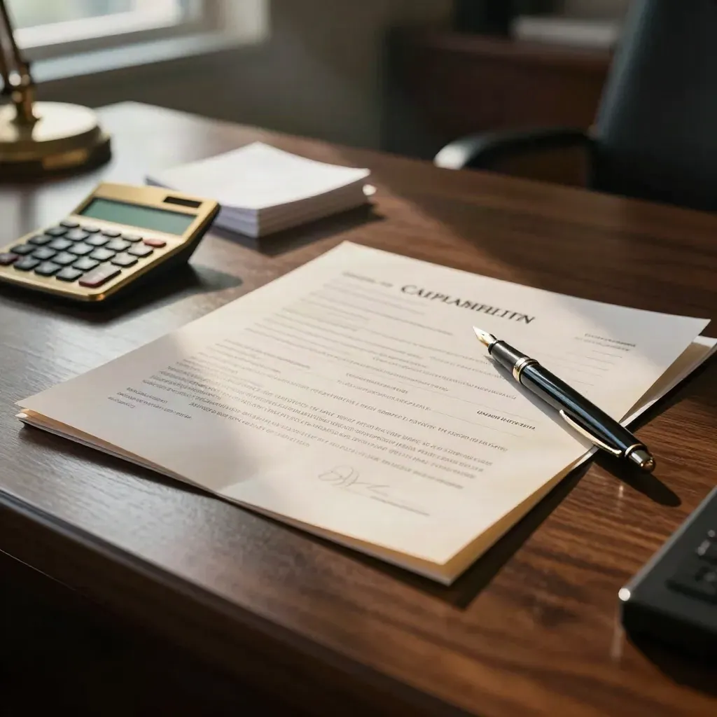 Dark walnut desk with offer papers, brass calculator, fountain pen, and note cards in dramatic light.