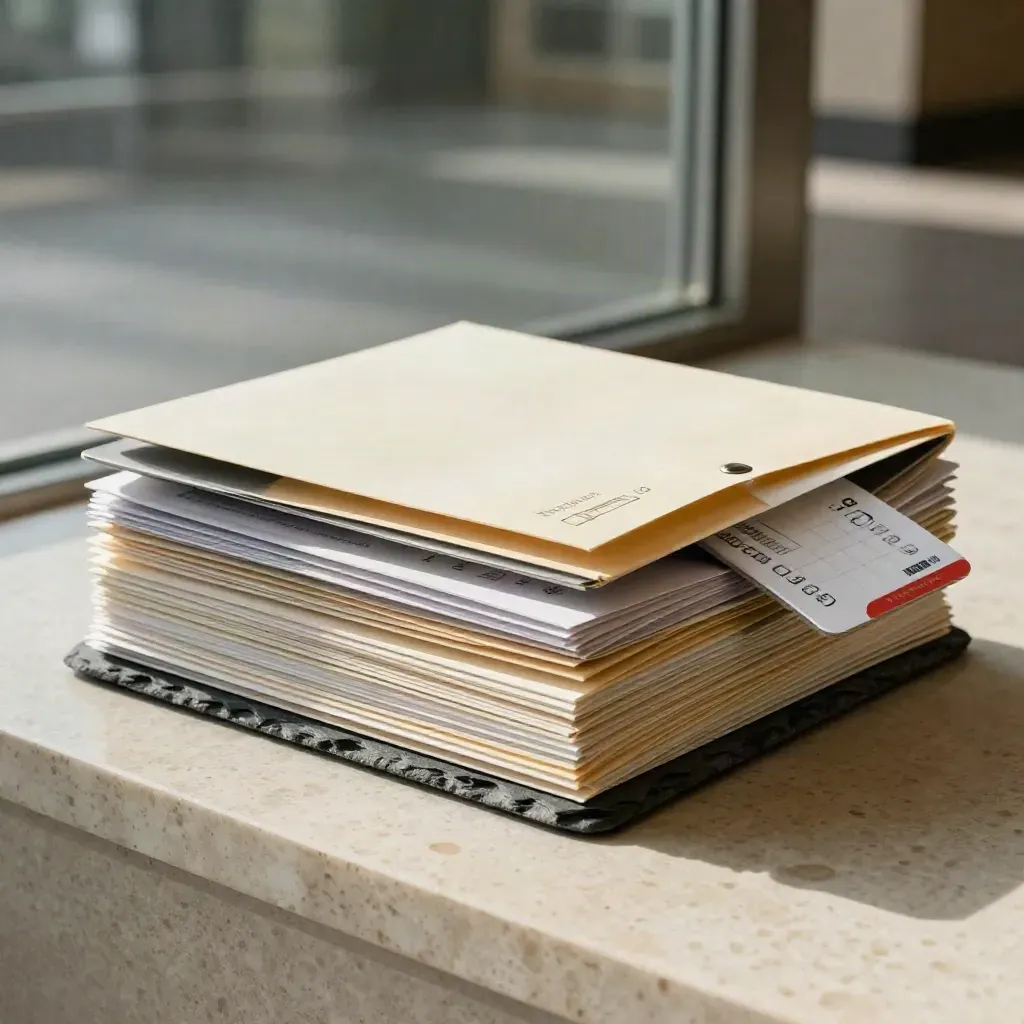 Benefits folders and cards stacked on travertine in soft morning light