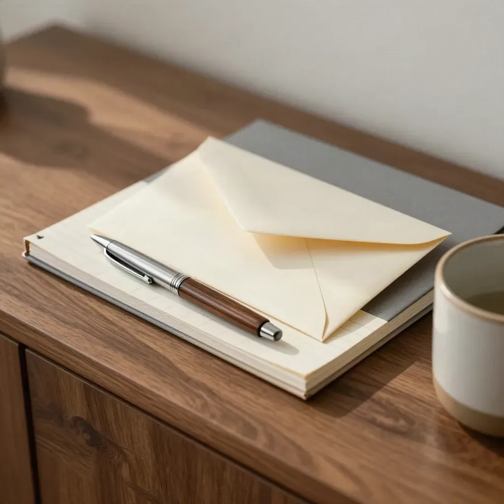 Close macro of a raise request kit on a walnut sideboard, envelope tucked under a notepad.