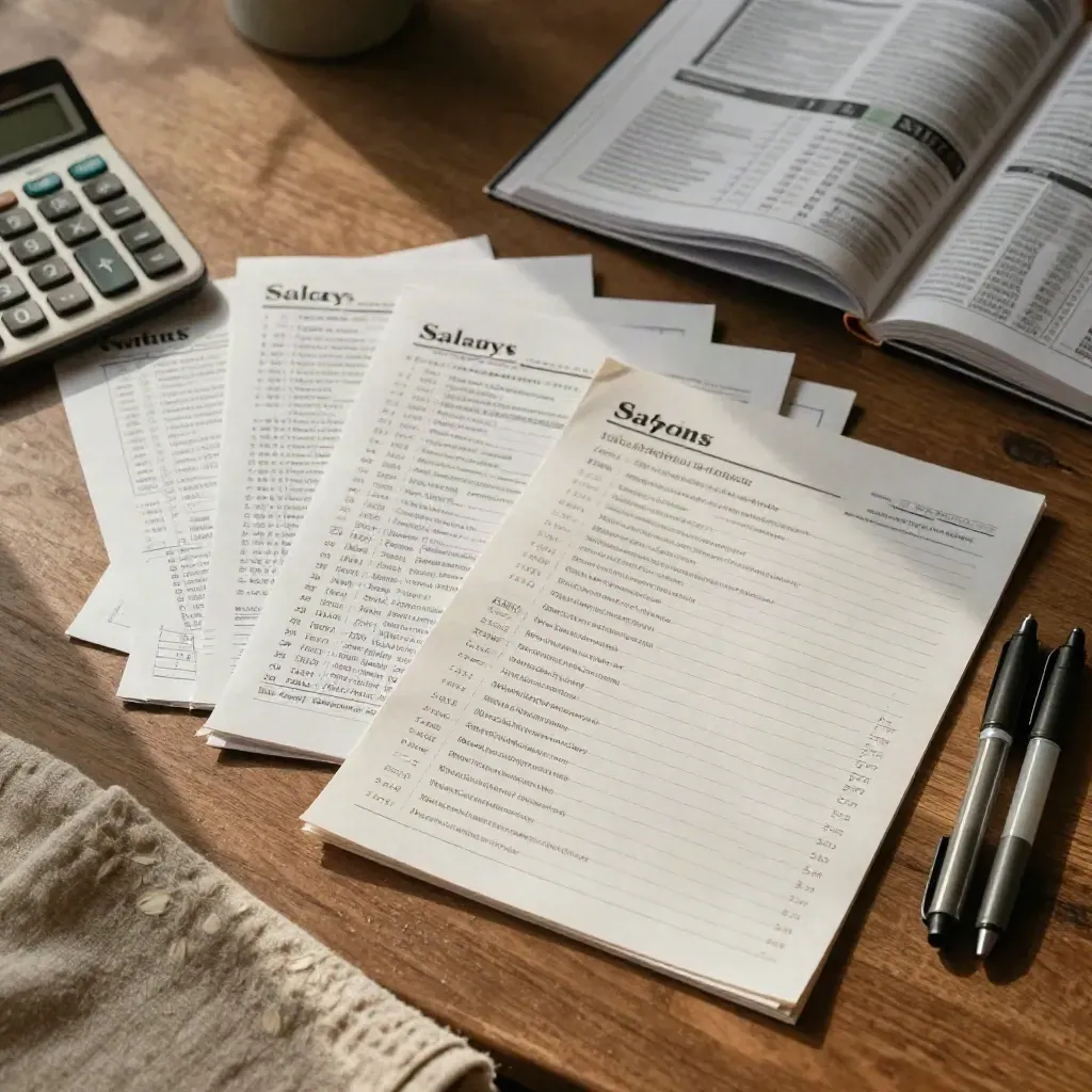 Top-down salary comparison papers, calculator, city directory and pens on a warm walnut table.
