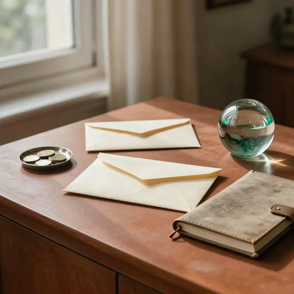 Sunlit equity notes spread with envelope, ledger, folder, coin dish and glass paperweight.