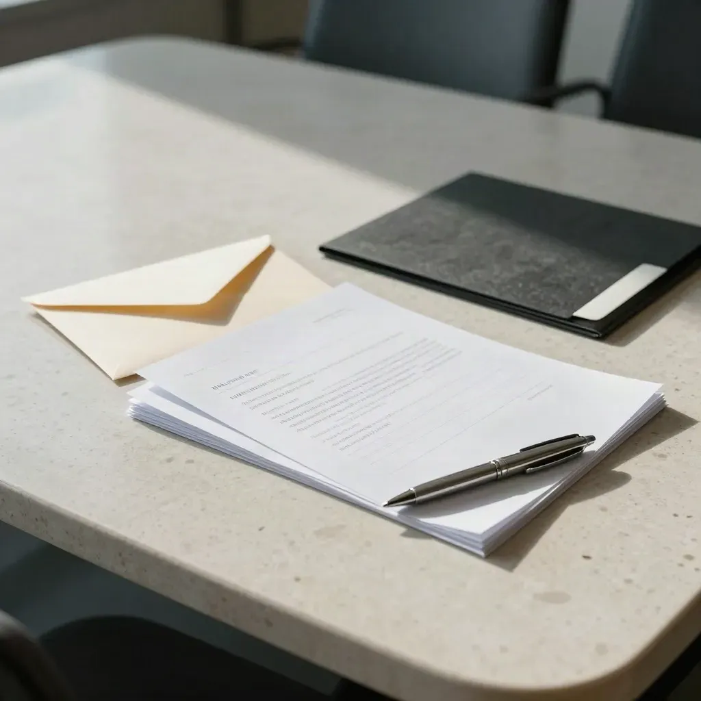 Open envelope, face-down pages, pen and dark folder on a travertine conference table.