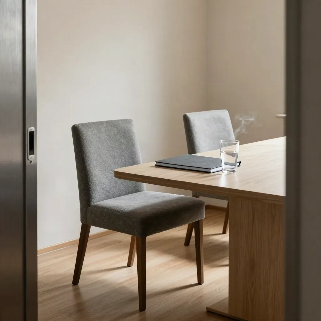 Empty interview room with two chairs, a water glass, and a pulled-back chair beside a compensation folder.