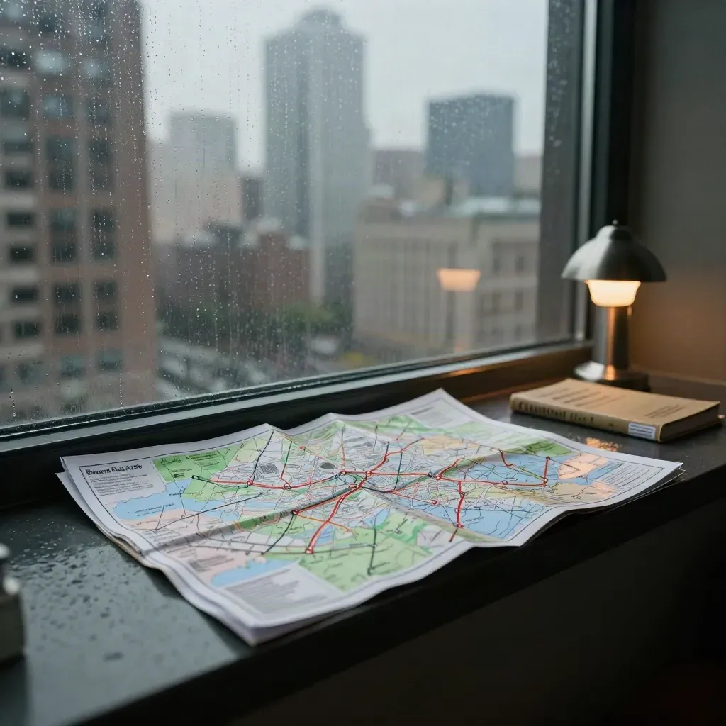 Rainy window ledge with folded metro map, city guide booklet, and glowing lamp