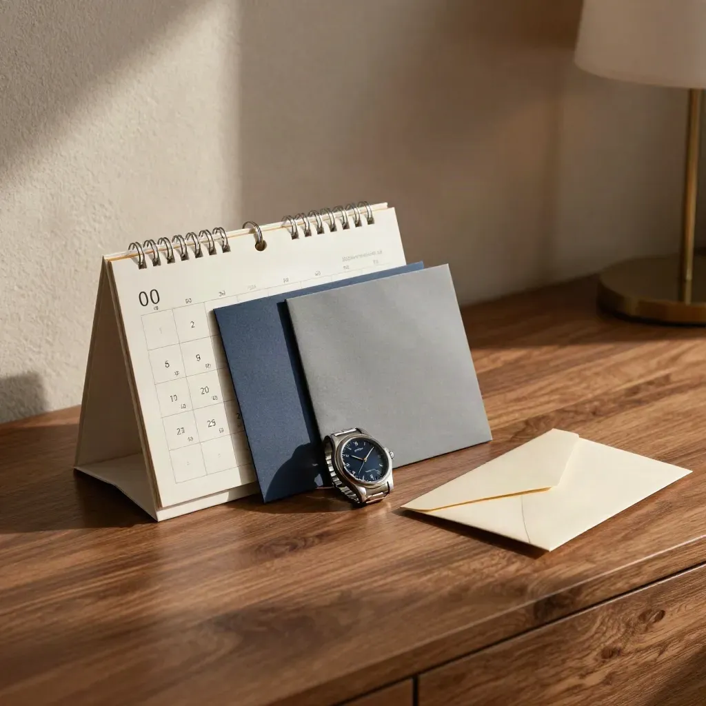 Calendar, watch, tabbed folders and sealed note envelope on a walnut desk in late-day light.