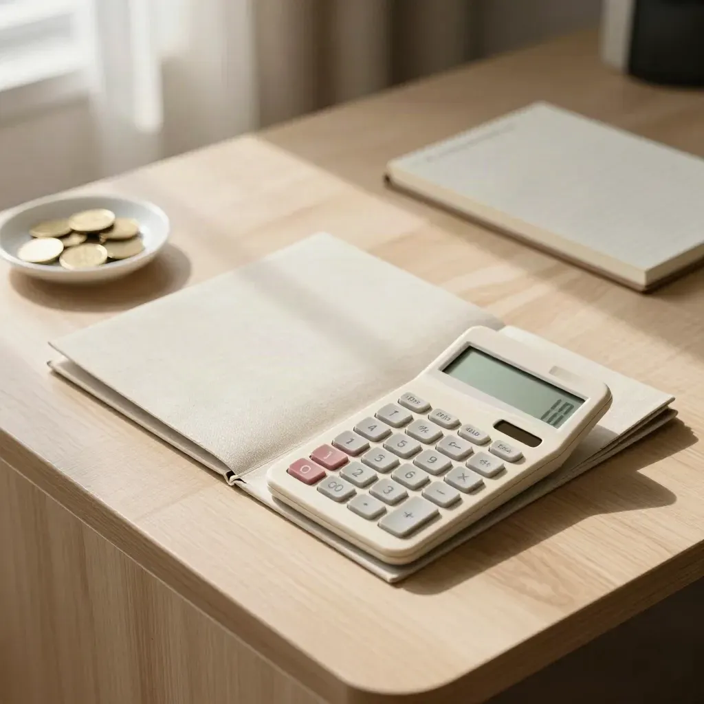 Sunlit bonus-plan note cluster with calculator, open folder, coin dish and memo pad on oak desk.