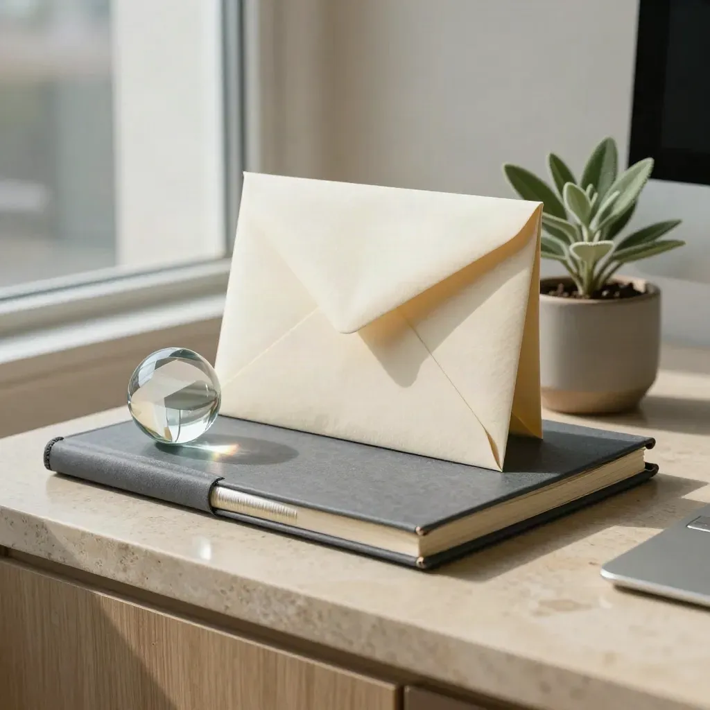 Stock envelope, ledger notebook, paperweight, folder, and plant on a limestone credenza