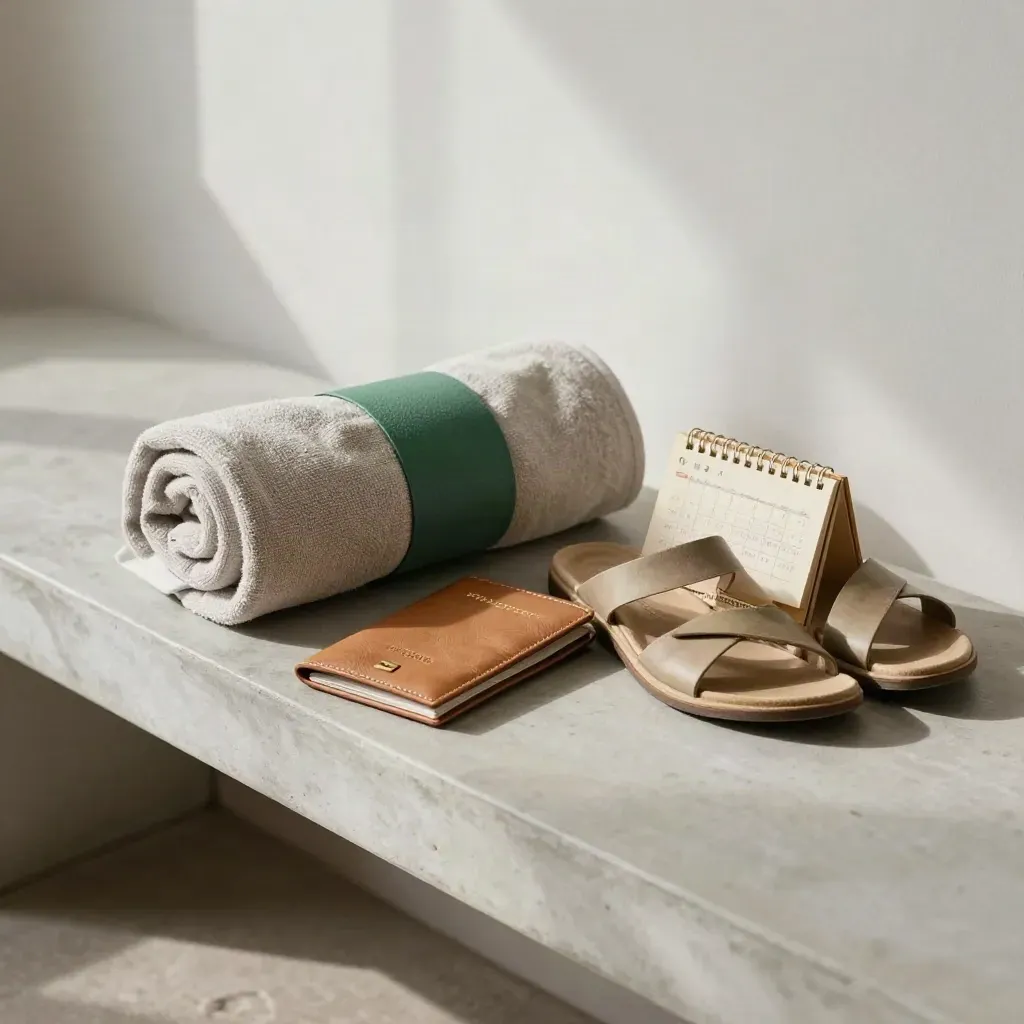 PTO travel items packed on a pale bench: towel, passport holder, sandals, and a calendar block.
