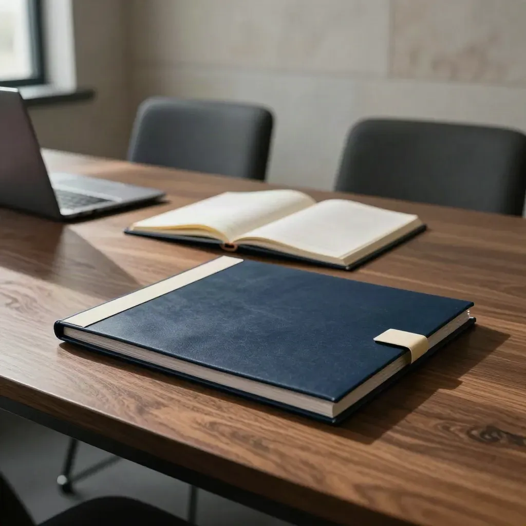 Low-angle conference room with navy pay-notes folder, two empty chairs, laptop aside, dramatic light