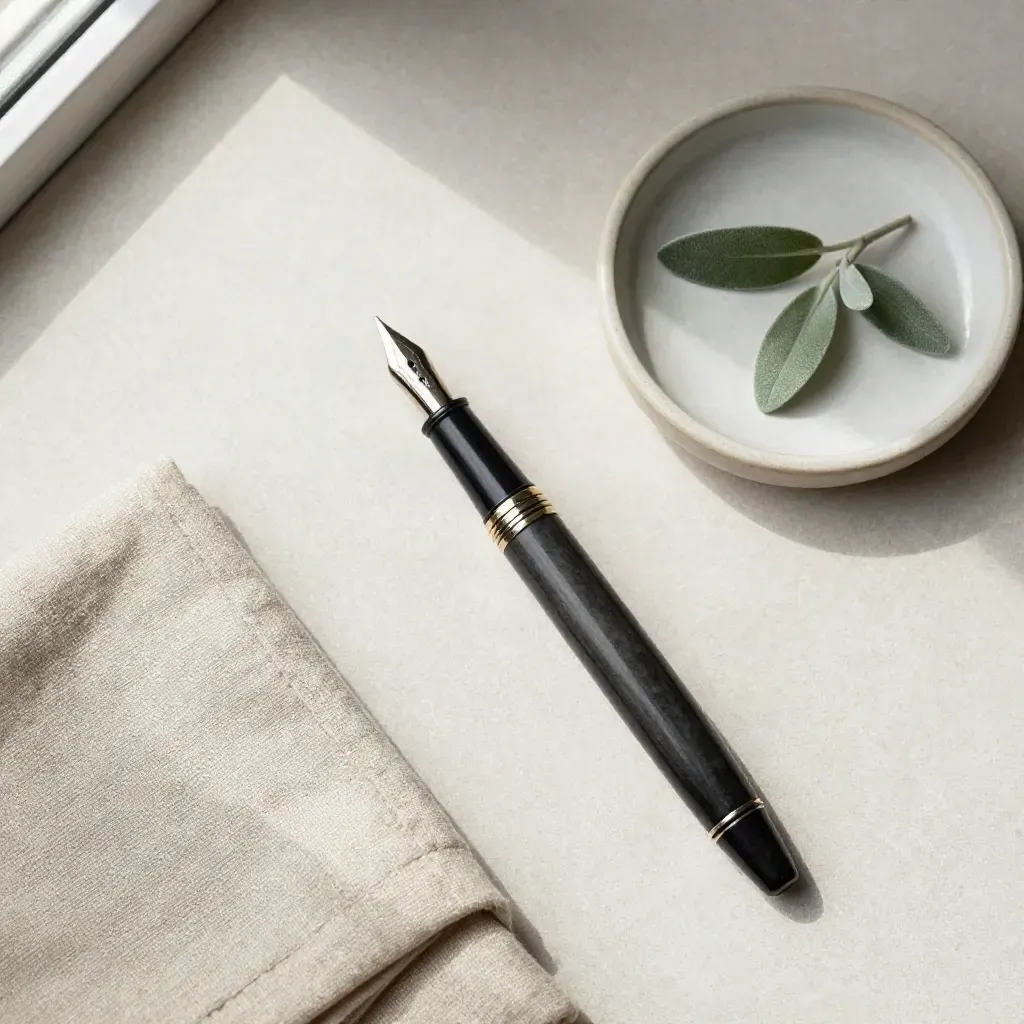Overhead flatlay of a fountain pen, linen square, ceramic dish and plant cutting on pale stone.