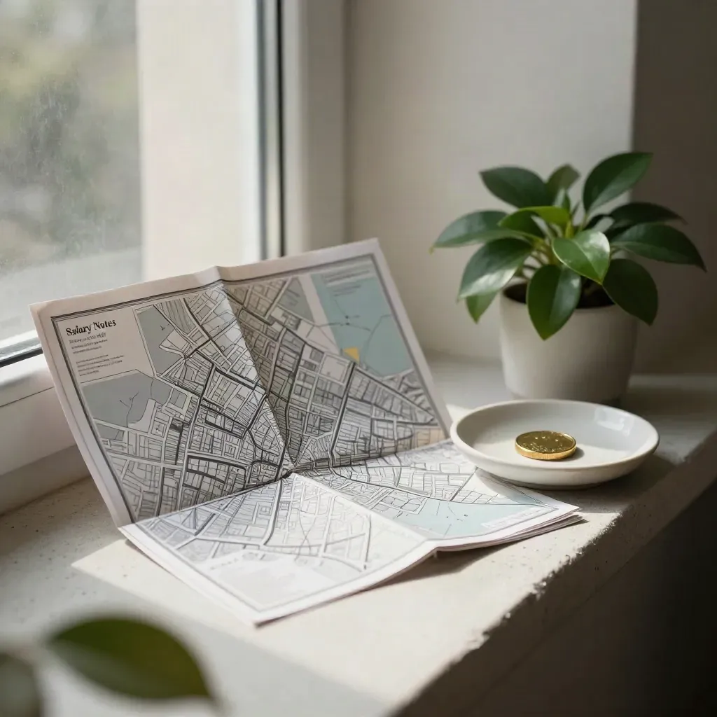 Folded city map with brass token, ceramic dish and plant on a pale stone sill.