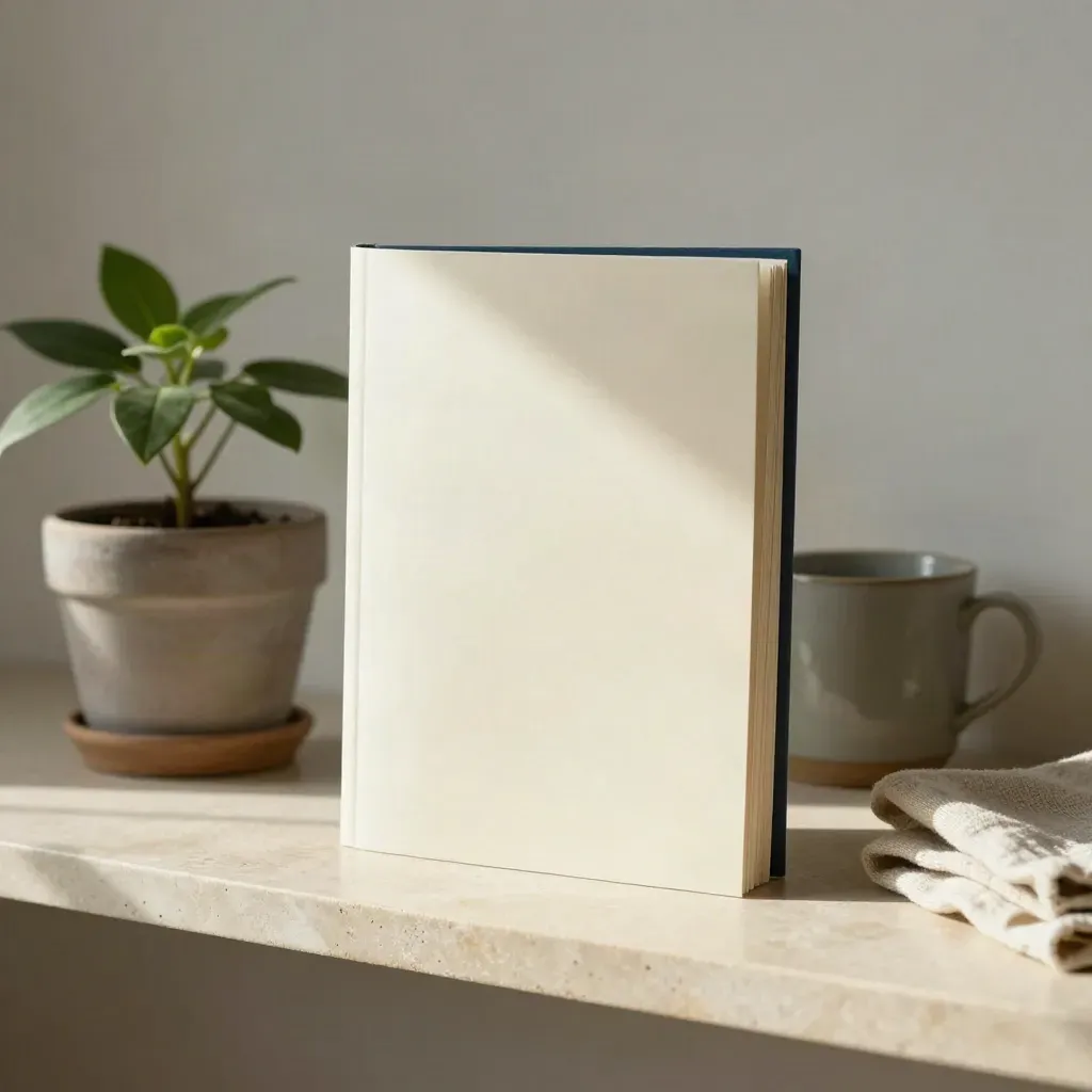 Closed benefits booklet with plant, cup, and folded cloth on a stone shelf.