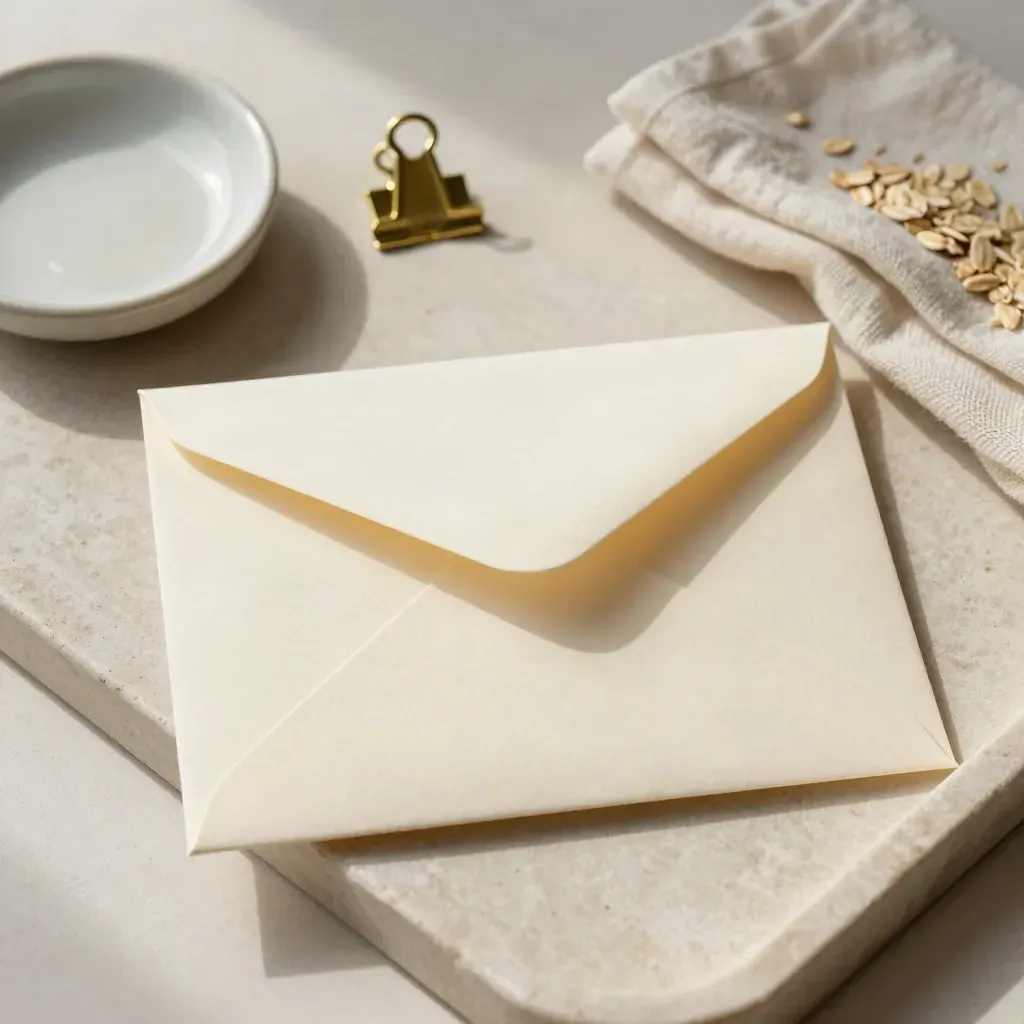 Cream envelope, brass clip, ceramic dish and folded cloth on a stone tray
