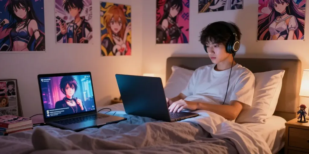 Engaging in hentai AI chat with a virtual character on a laptop in a cozy bedroom.