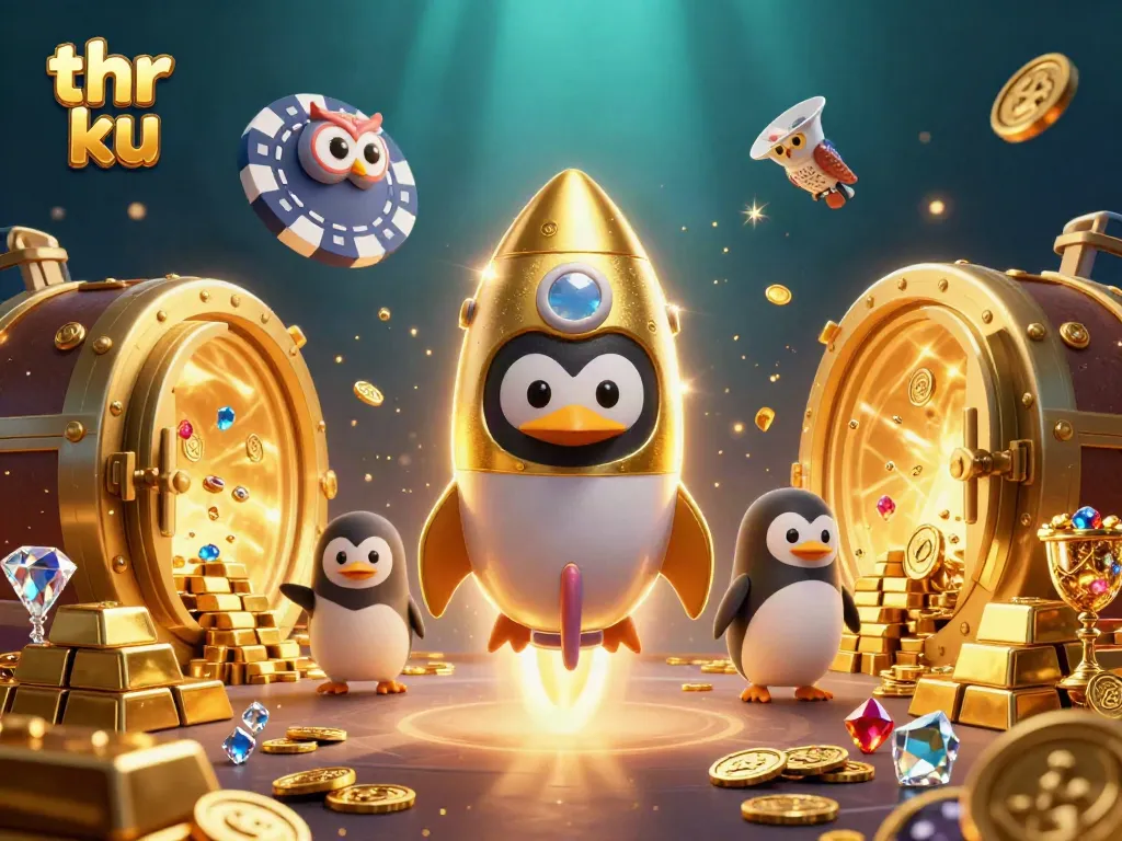 Engage in thrilling play at thr ku with a golden penguin in a vibrant casino-themed space.