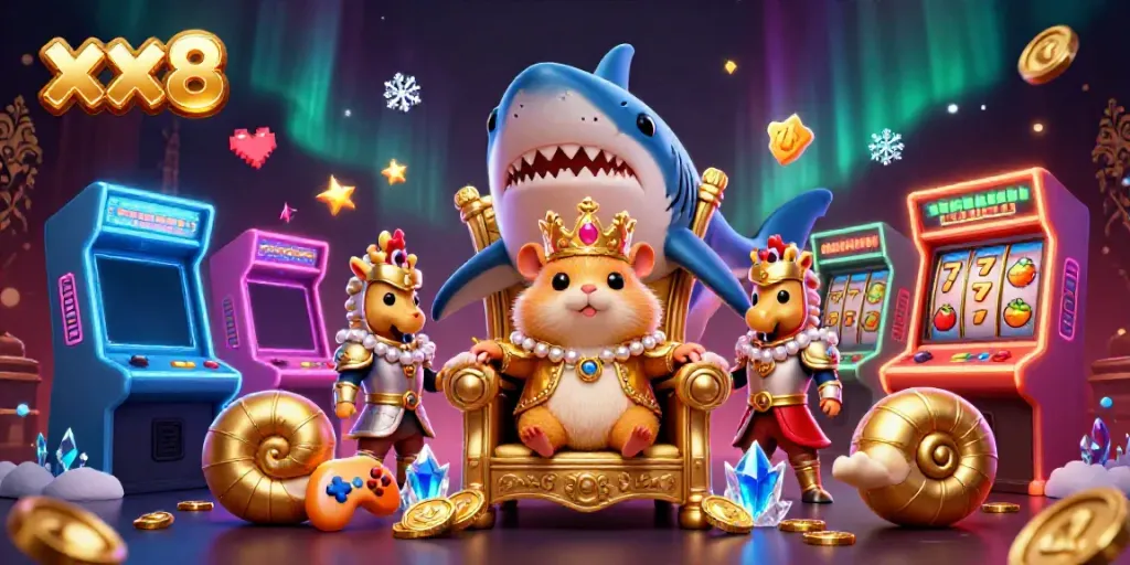 Experience vibrant gameplay in xx8 casino with golden hamster king, slot reels, and arcade machines.