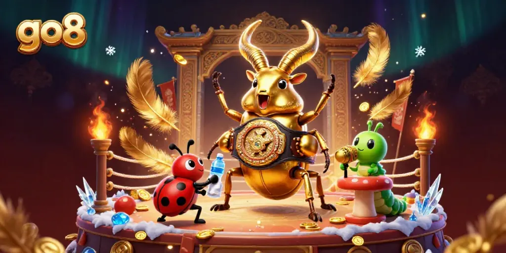 Experience vibrant go8 action with a golden stag beetle champion in a dynamic casino showdown.