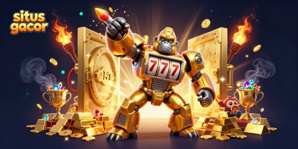 Experience the thrill of situs gacor with a powerful golden gorilla mech and treasure explosion.
