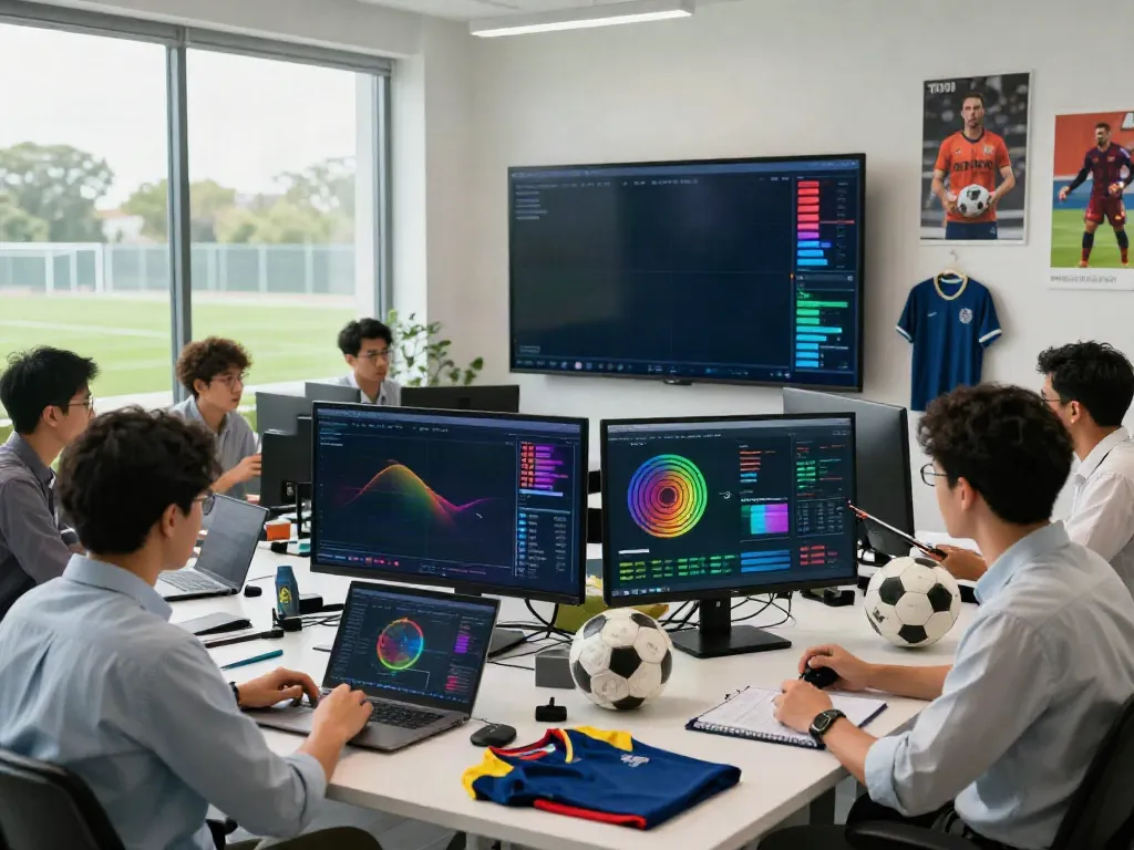 Analysts discussing football player statistics and trends in a vibrant sports office highlighting TOP10 สโมสร.