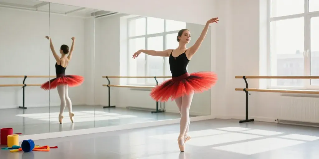 Stylish ballerina in a tutu dancing in a bright studio setting, showcasing the vibrant atmosphere of the tutu store.