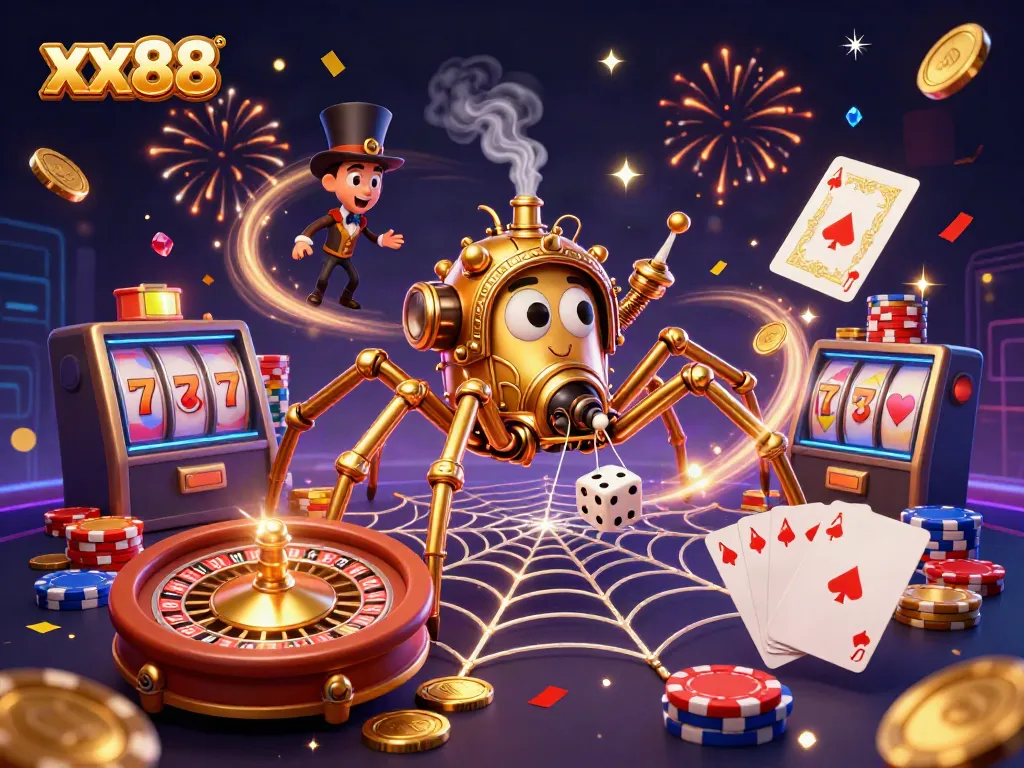 Engaging xx88 scene showcasing casino elements with a whimsical steampunk spider and rich decorations.