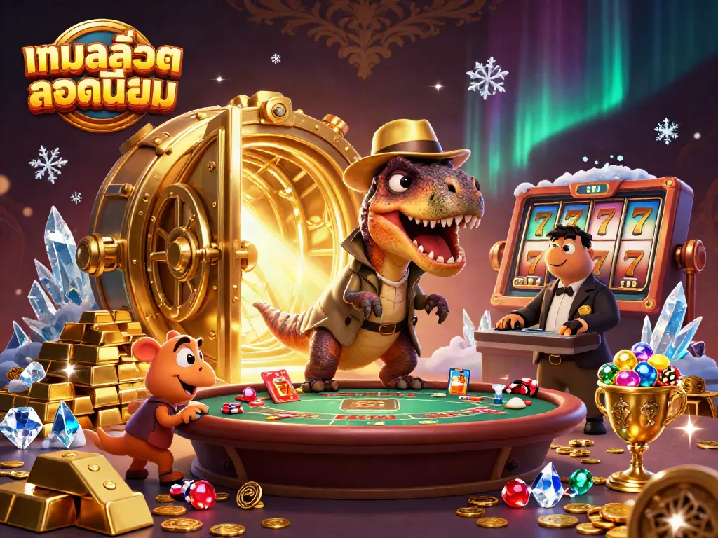 Experience the thrill of เกมสล็อตยอดนิยม with a dynamic 3D illustration of a velociraptor card counter and a pit boss set in a vibrant casino.