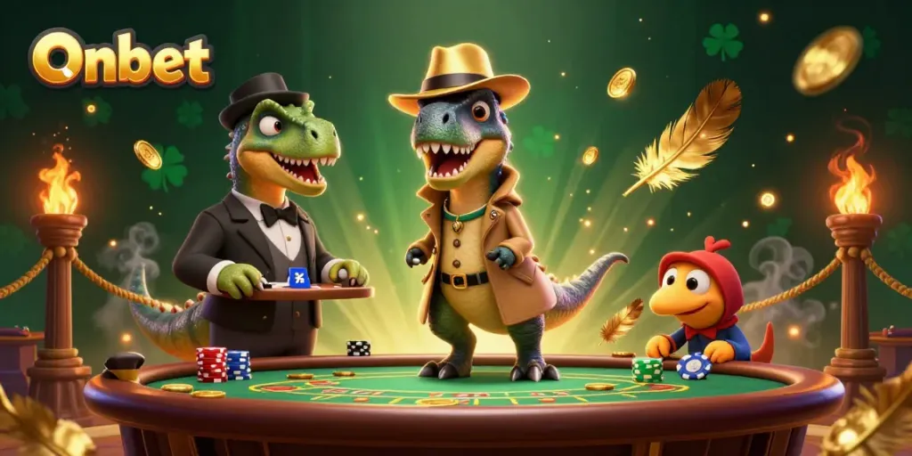 Engage with Onbet's vibrant casino scene featuring a crafty velociraptor at the blackjack table surrounded by action-packed elements.