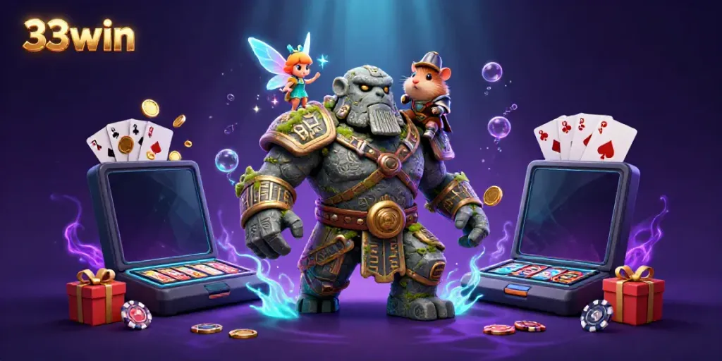 Experience the thrill of gaming with 33win, featuring vibrant characters and rich casino elements in action.