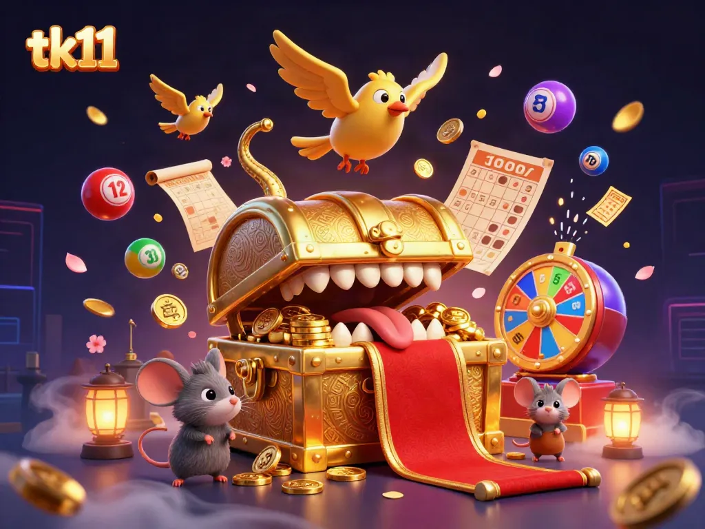 Engage in thrilling tk11 gaming with golden treasures, bingo cards, and vibrant lottery balls