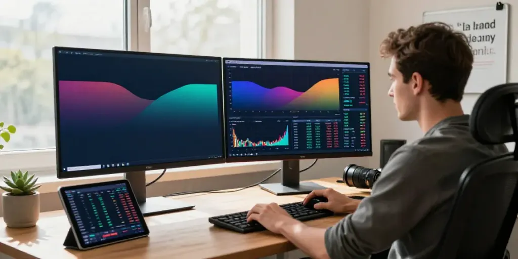 Analyzing trading data on TradingView官网 in a modern home office.