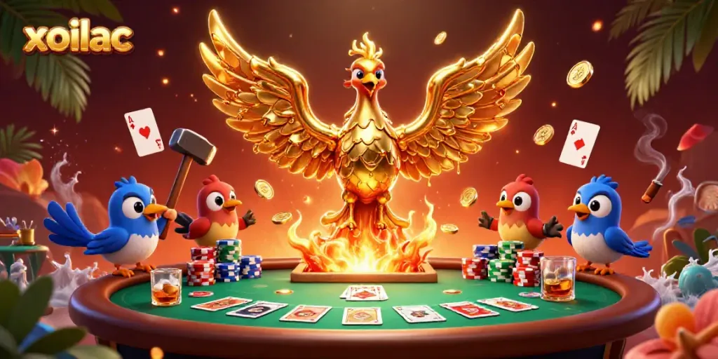 Experience the thrill of gaming with XOILAC's golden phoenix emerging triumphantly in a vibrant casino scene.