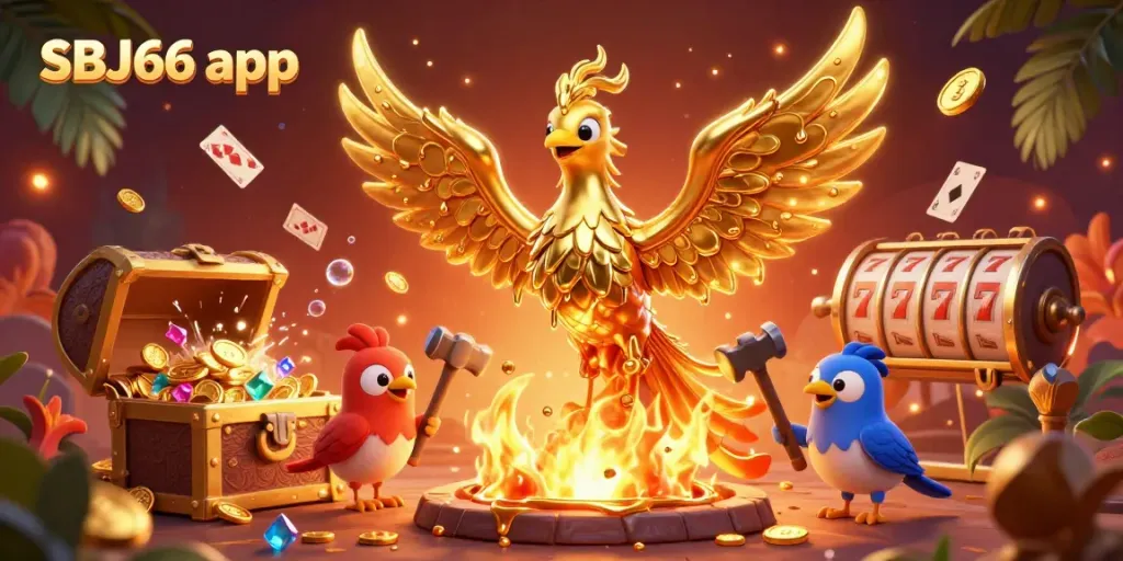 Experience the excitement of the SBJ66 app with rich gaming visuals featuring a molten golden phoenix and dynamic casino elements.